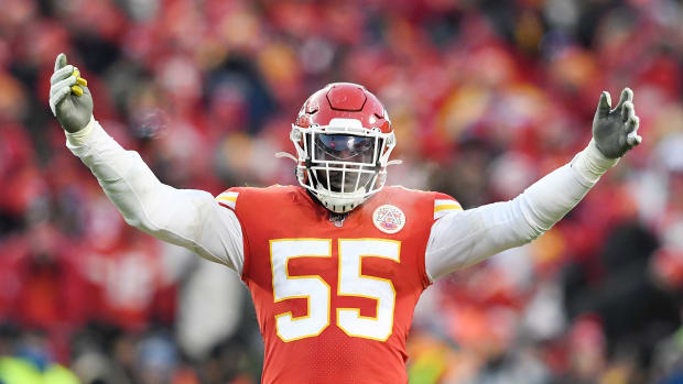 Kansas City Chiefs defensive end Frank Clark (55) reacts in the closing minutes of the team s 35-24 win over the Tennessee Titans in the AFC Championship game at Arrowhead Stadium Sunday, Jan. 19, 2020 in Kansas City, Mo. Gw52584